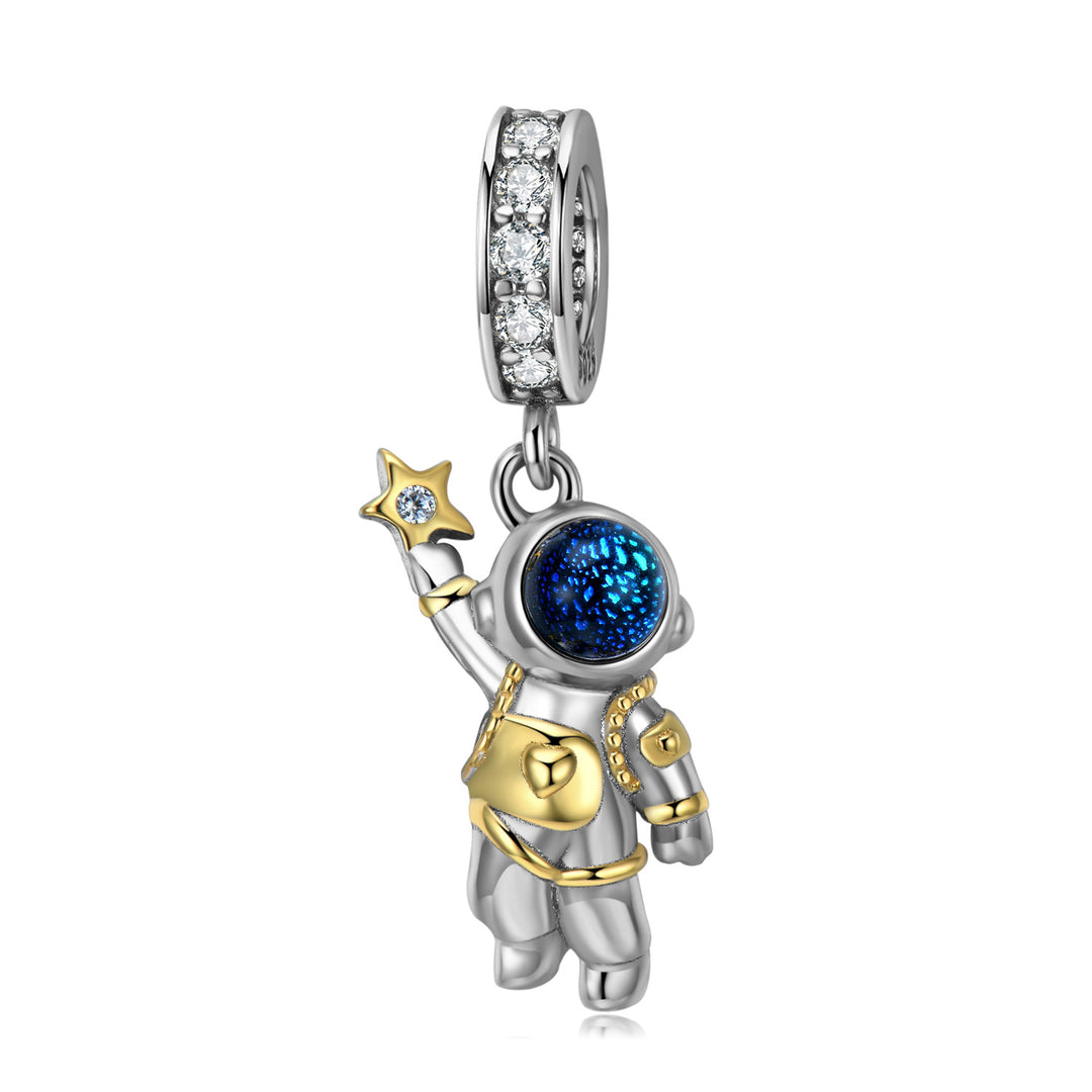 Charm de plata de ley S925 con astronauta recolector de estrellas