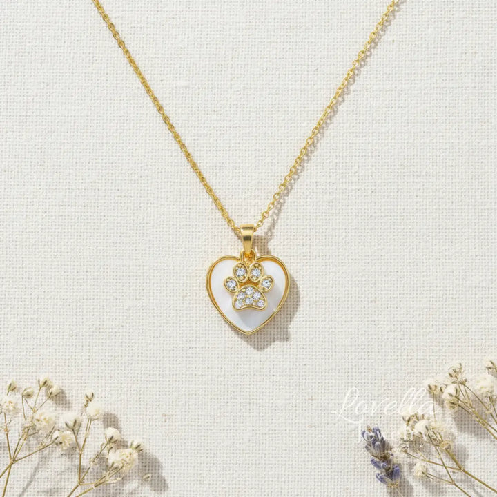 Paw Print Heart Necklace (Gold + White)