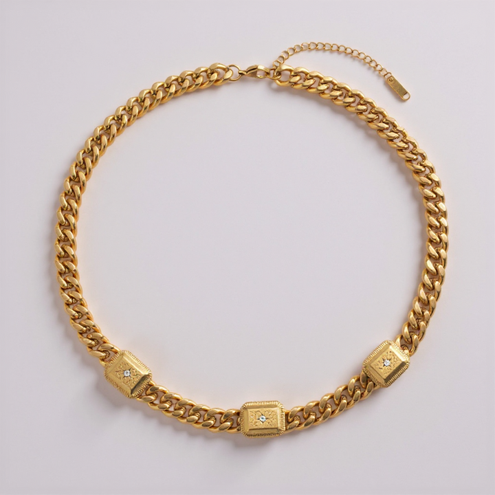 Chunky Chain Necklace with Square Accents – Gold