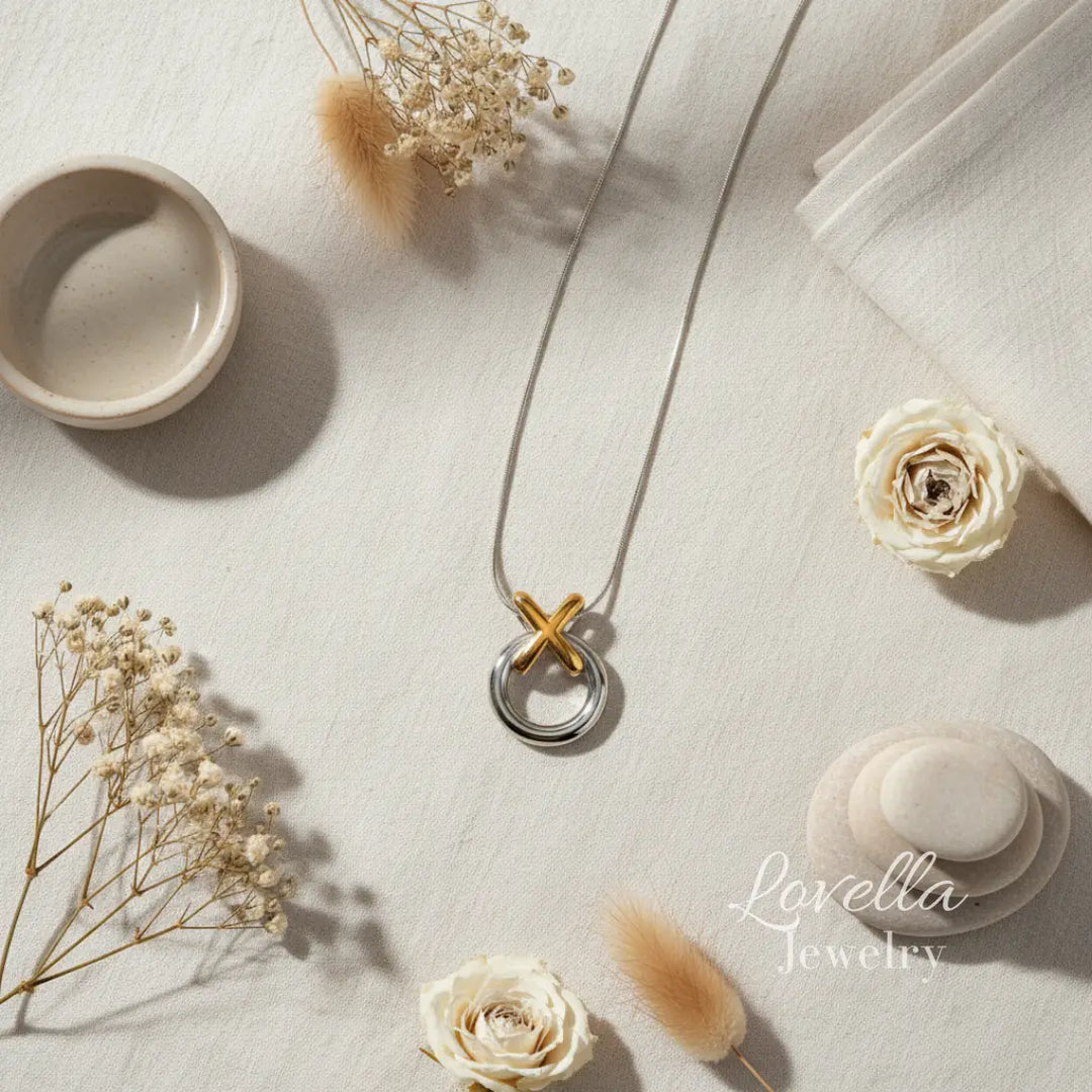 Necklace with a gold and silver pendant on a light surface with flowers and a bowl.