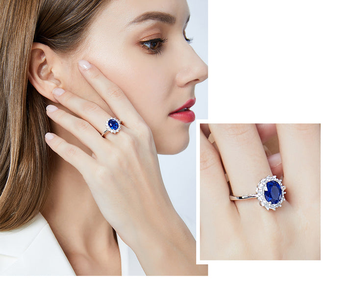 Sterling Silver Ring with Blue Sapphire Crystal and Halo Design