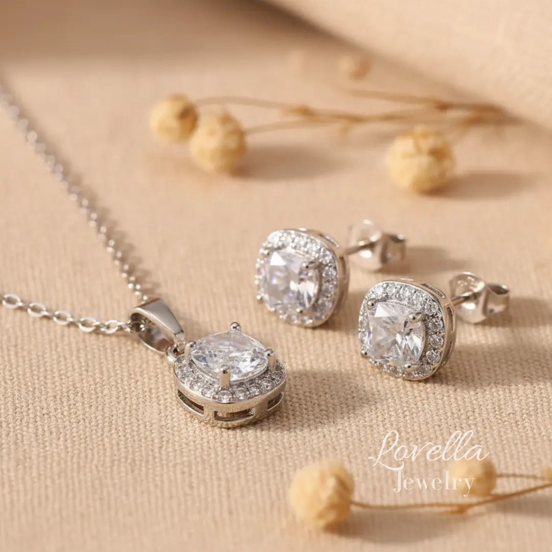 Cushion Zirconia Set (Silver) — Necklace + Stud Earrings