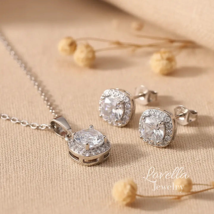 Cushion Zirconia Set (Silver) — Necklace + Stud Earrings