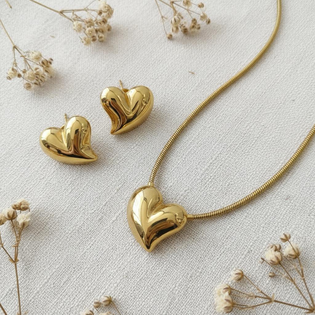 Gold Puffy Heart Necklace & Stud Earrings Set