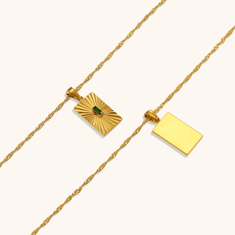 18k Gold Plated Stainless Steel Necklace with Rectangular Pendant and Cubic Zirconia