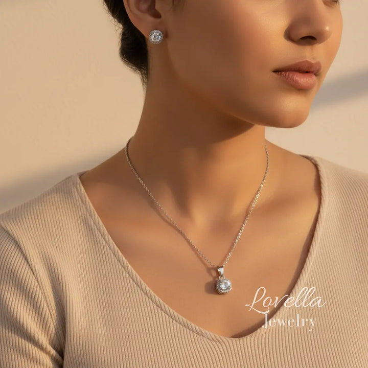 Cushion Zirconia Set (Silver) — Necklace + Stud Earrings