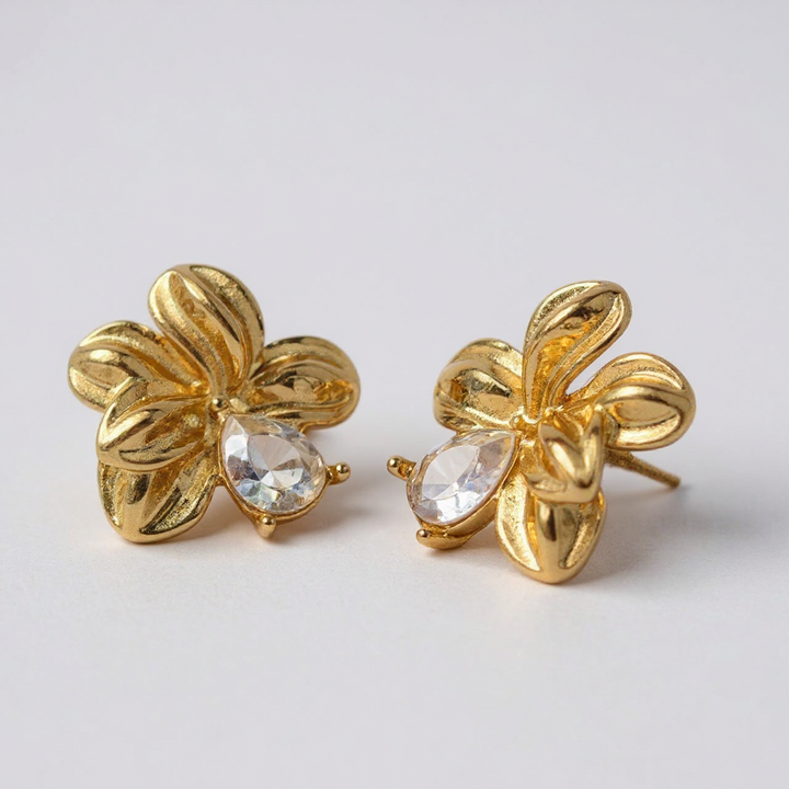 Golden Blossom Earrings with Crystal Teardrop