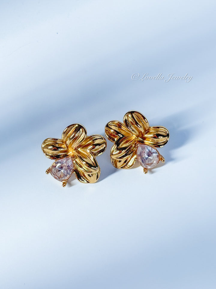Golden Blossom Earrings with Crystal Teardrop
