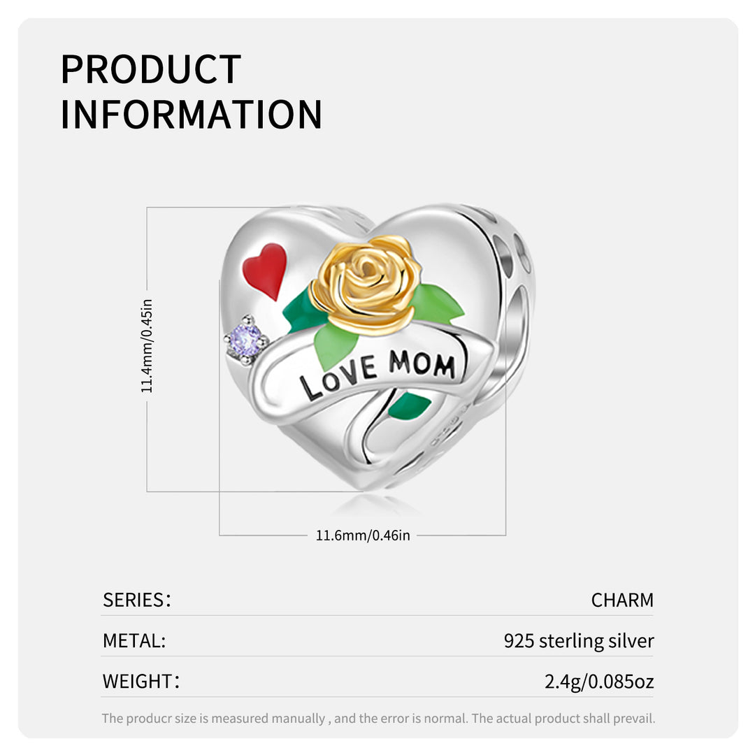 Sterling Silver 'Love Mom' Heart Charm with Golden Rose