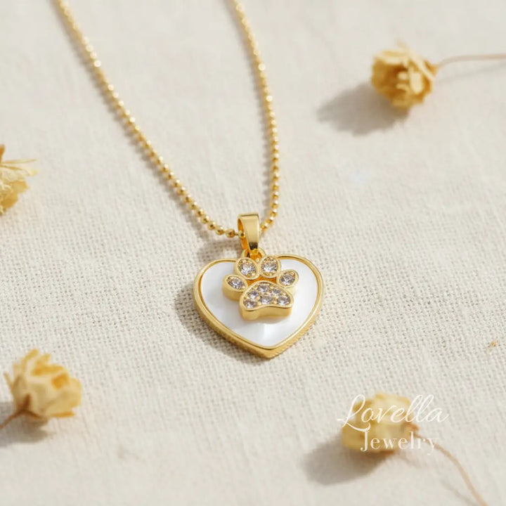 Paw Print Heart Necklace (Gold + White)