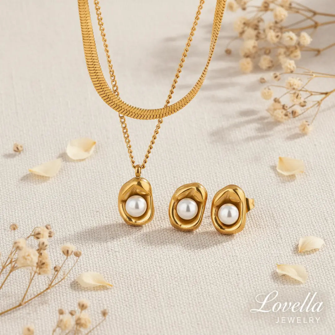 Molten Pearl Set (Gold) — Layered Necklace + Stud Earrings