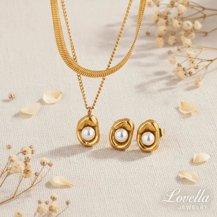 Molten Pearl Set (Gold) — Layered Necklace + Stud Earrings