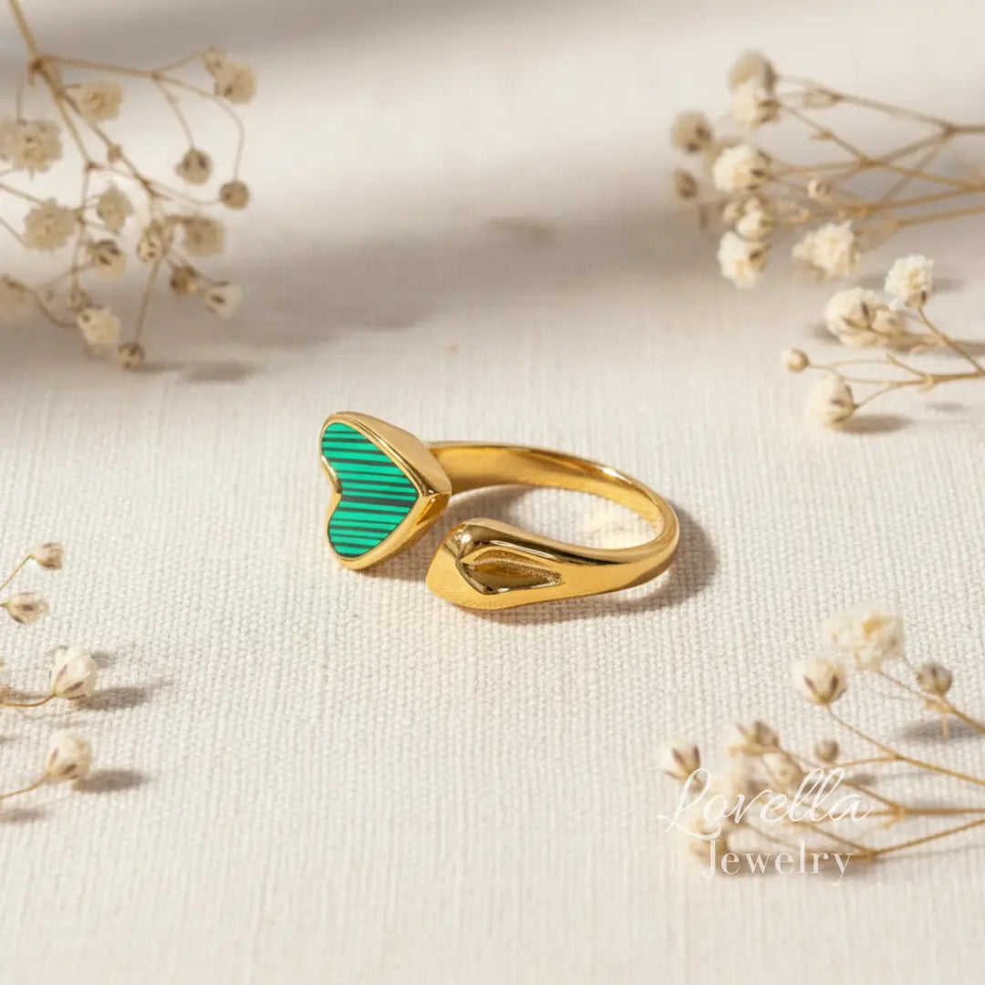 Gold adjustable ring with emerald green striped heart enamel