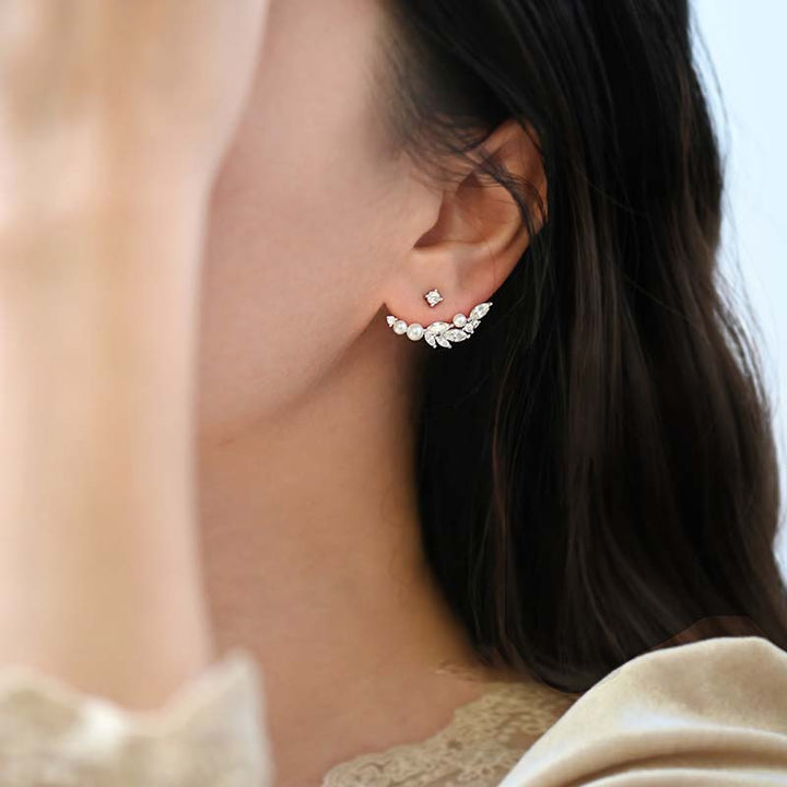 Nature's Elegance: Pearl and Leaf Design Sterling Silver Climber Earrings