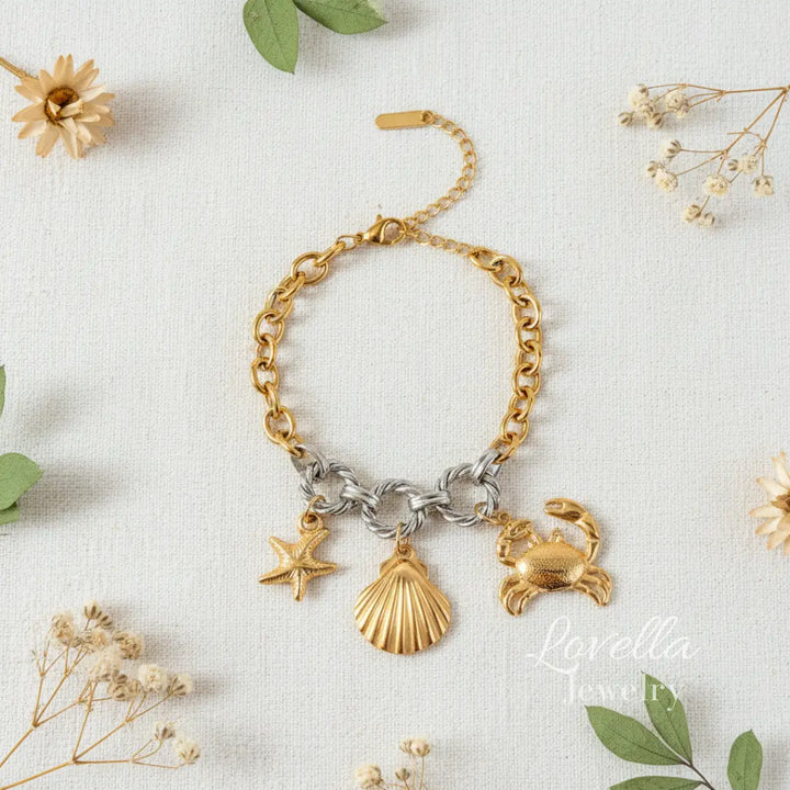 Ocean Charm Two-Tone Chain Bracelet (Starfish, Shell & Crab)