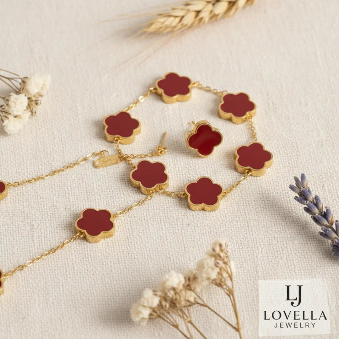 Red Clover Bracelet, Necklace & Earrings Set – 18K Gold Stainless Steel