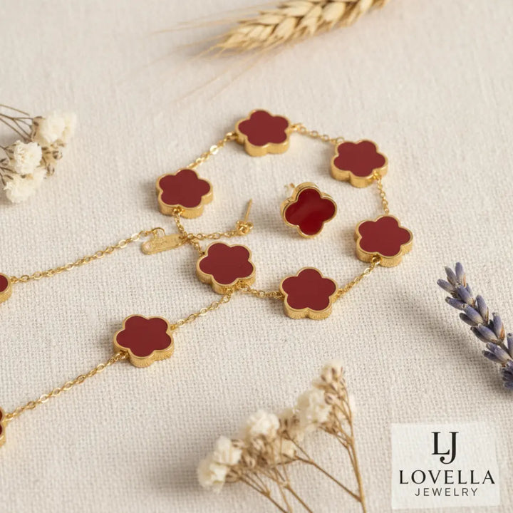 Red Clover Bracelet, Necklace & Earrings Set – 18K Gold Stainless Steel