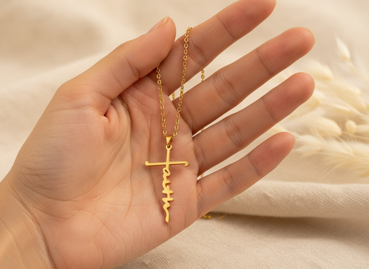 Golden 'Faith' Cross Pendant Necklace