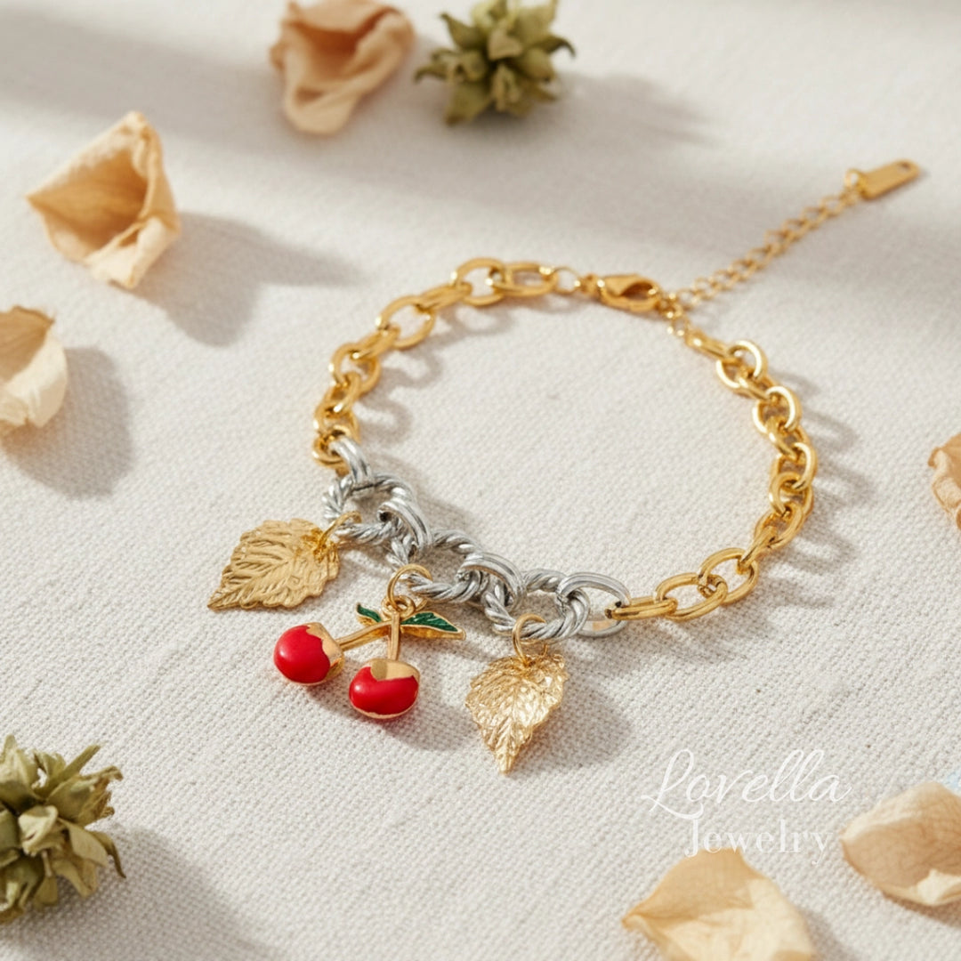 Cherry Charm Two-Tone Rope Link Bracelet