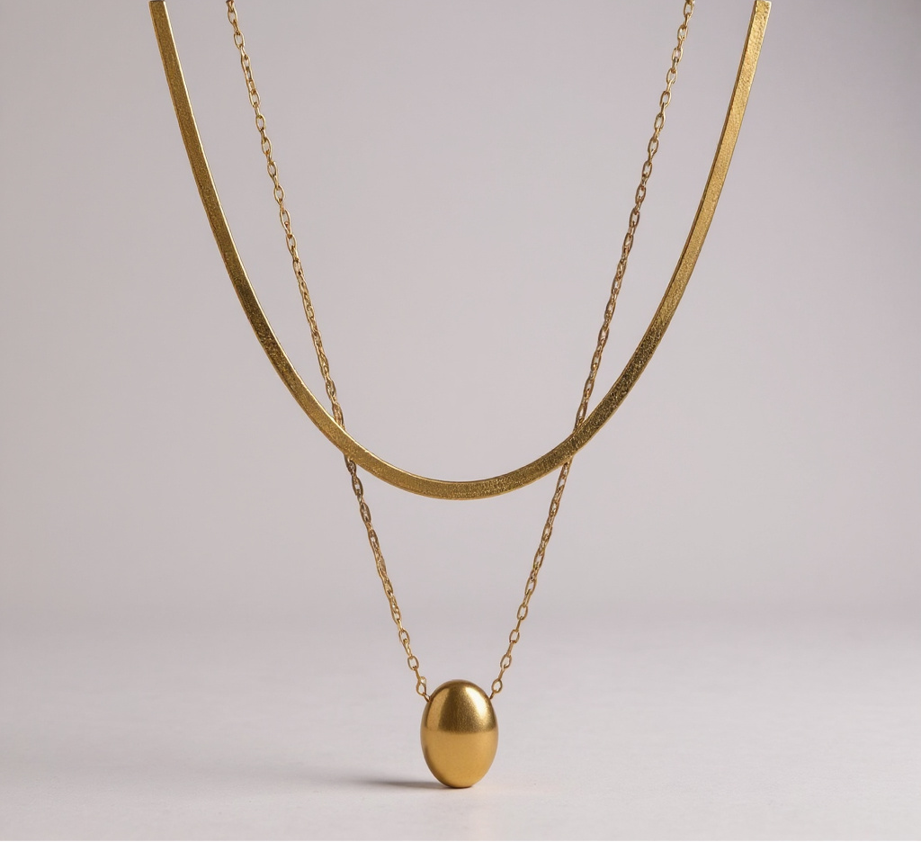Oval Pendant Layered Necklace – Gold Stainless Steel