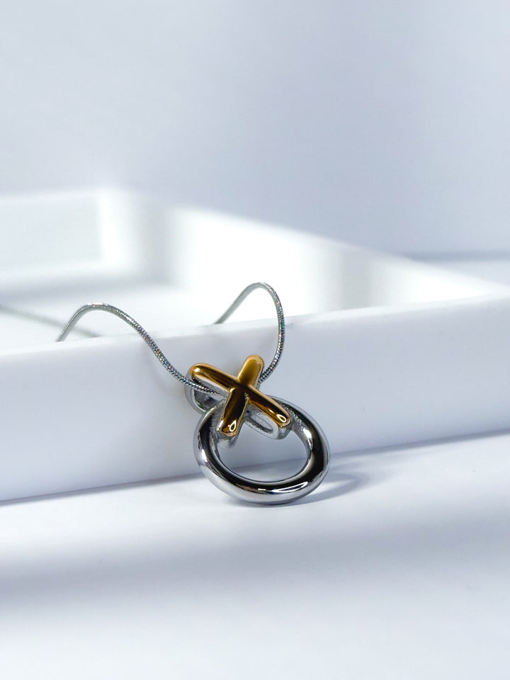Two-Tone Circle & X Pendant Necklace – Stainless Steel