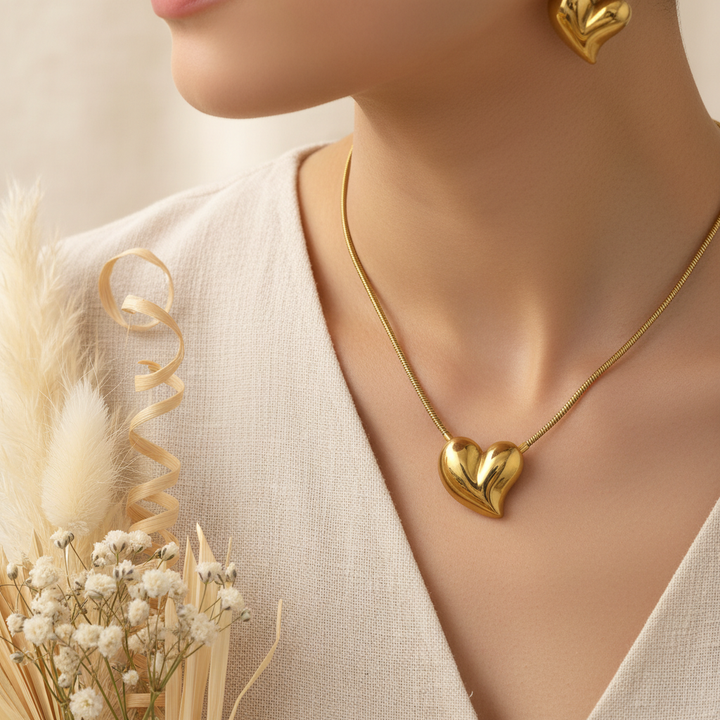 Gold Puffy Heart Necklace & Stud Earrings Set
