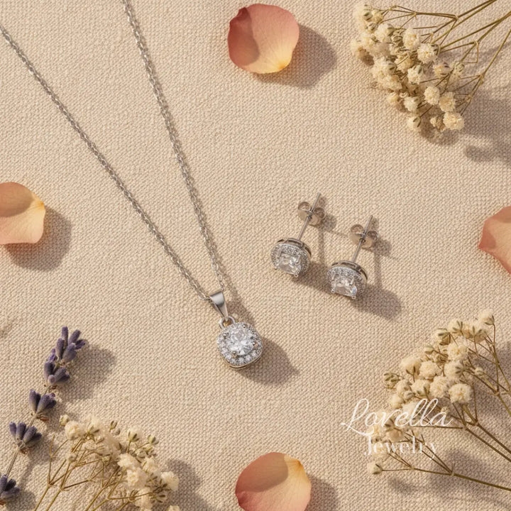 Cushion Zirconia Set (Silver) — Necklace + Stud Earrings