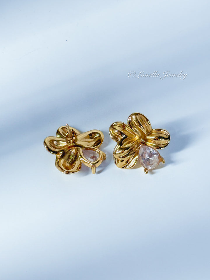 Golden Blossom Earrings with Crystal Teardrop