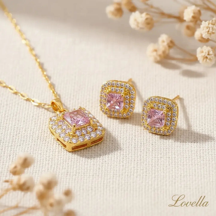Pink Sparkle Square Set (Necklace + Stud Earrings) — Gold