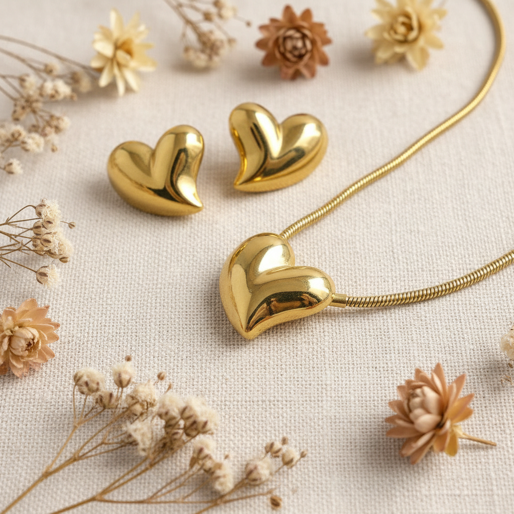 Gold Puffy Heart Necklace & Stud Earrings Set