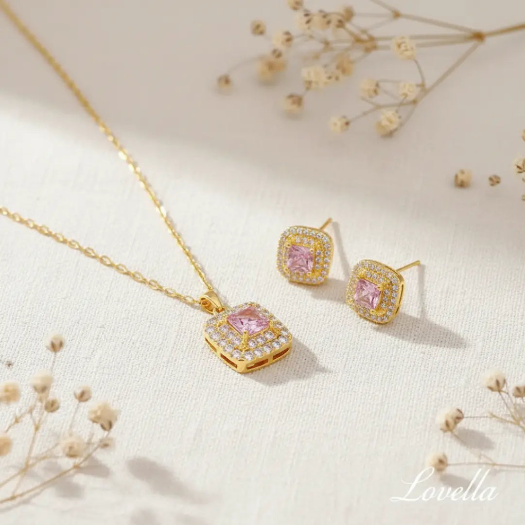 Pink Sparkle Square Set (Necklace + Stud Earrings) — Gold