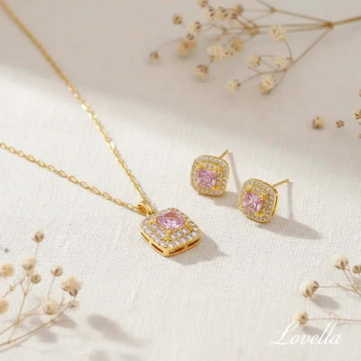 Pink Sparkle Square Set (Necklace + Stud Earrings) — Gold