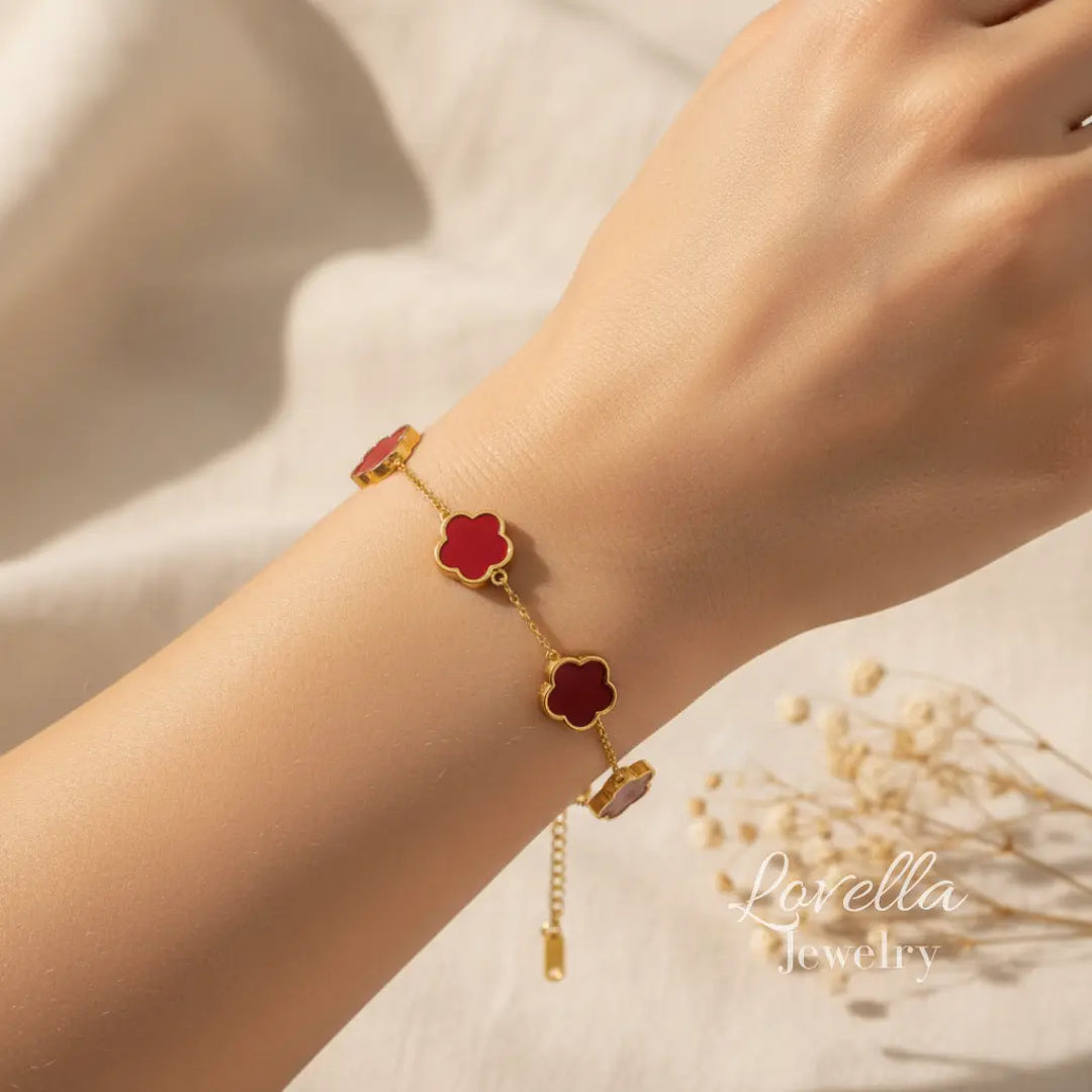 Red Clover Bracelet, Necklace & Earrings Set – 18K Gold Stainless Steel