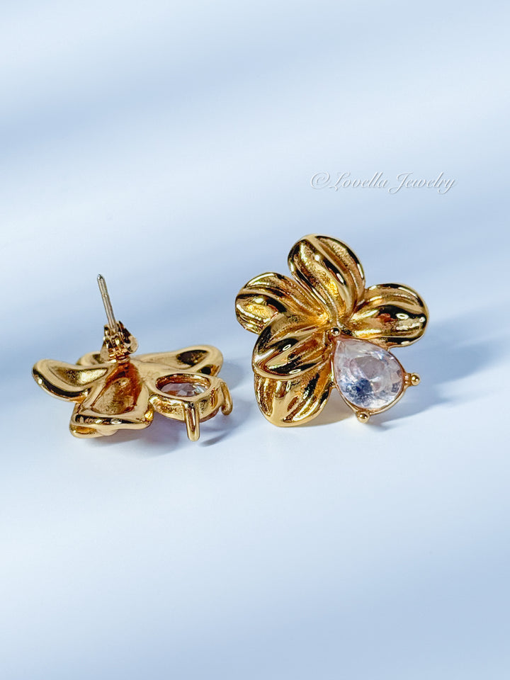 Golden Blossom Earrings with Crystal Teardrop