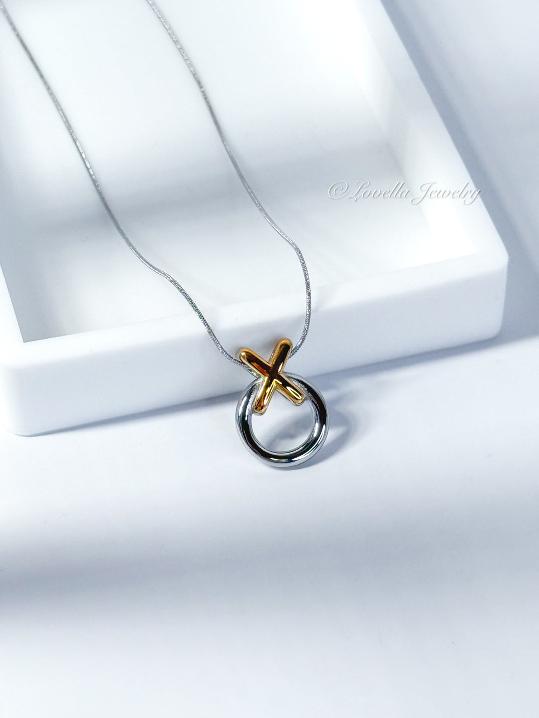Two-Tone Circle & X Pendant Necklace – Stainless Steel