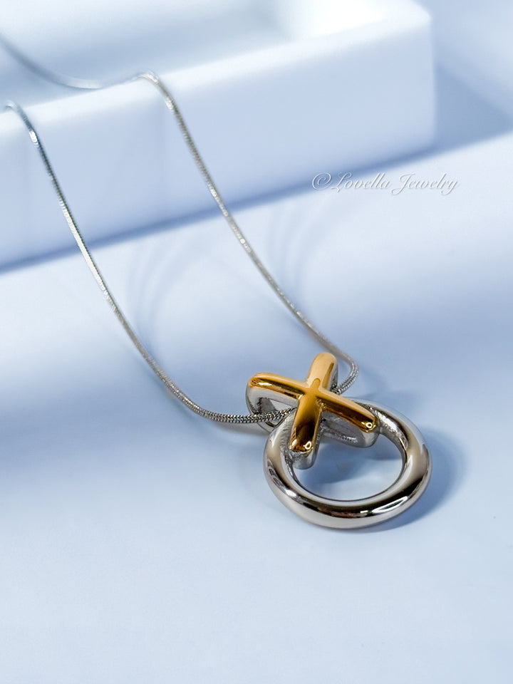 Two-Tone Circle & X Pendant Necklace – Stainless Steel