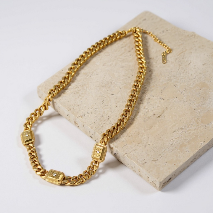 Chunky Chain Necklace with Square Accents – Gold