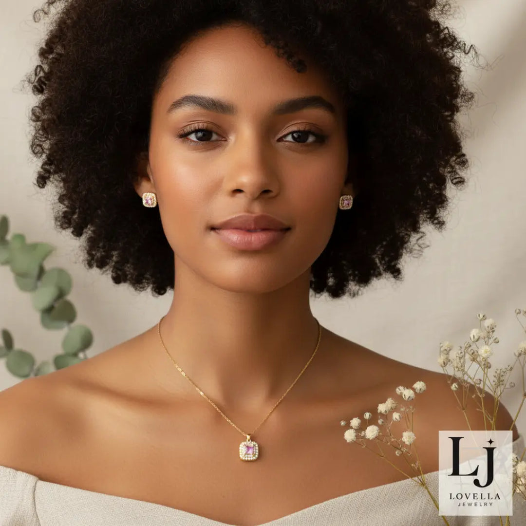 Pink Sparkle Square Set (Necklace + Stud Earrings) — Gold