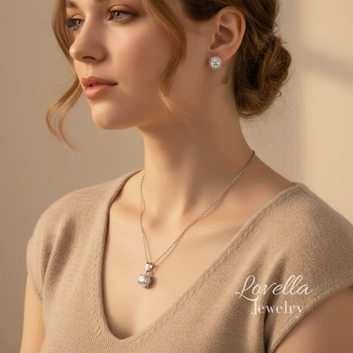 Cushion Zirconia Set (Silver) — Necklace + Stud Earrings