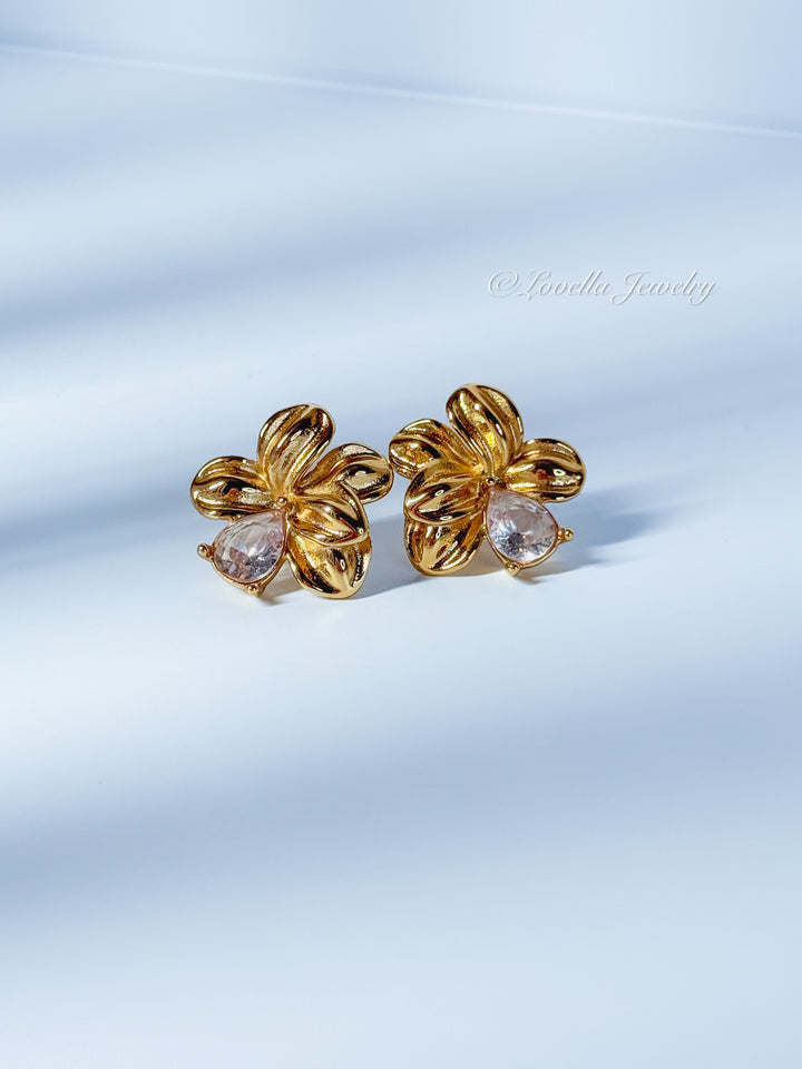 Golden Blossom Earrings with Crystal Teardrop