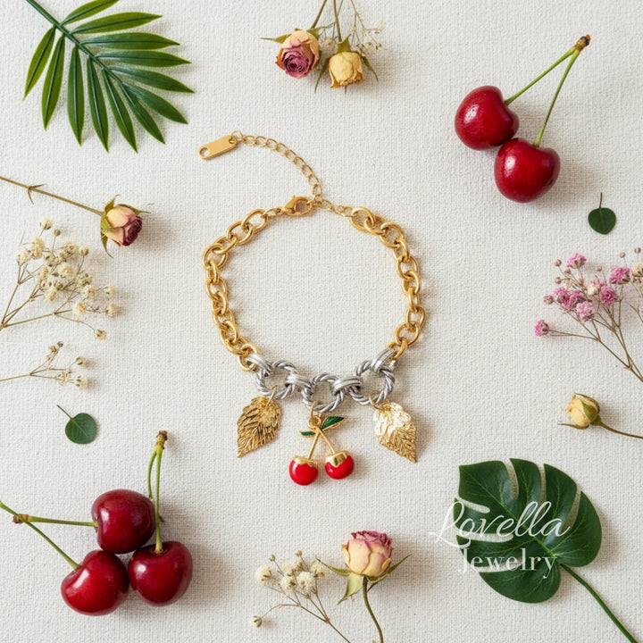 Cherry Charm Two-Tone Rope Link Bracelet