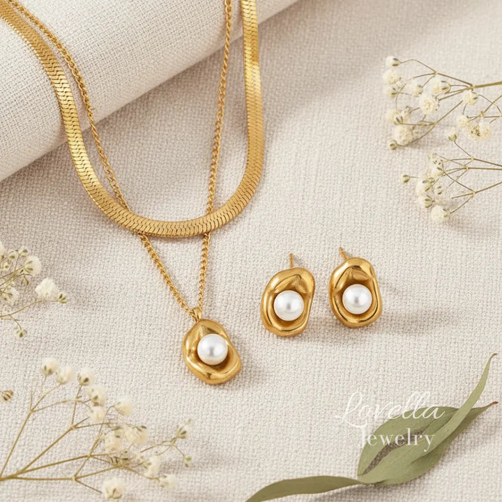Molten Pearl Set (Gold) — Layered Necklace + Stud Earrings