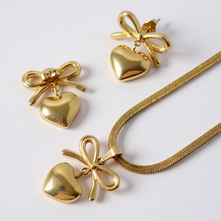 Golden Bow Heart Set – Necklace & Earrings