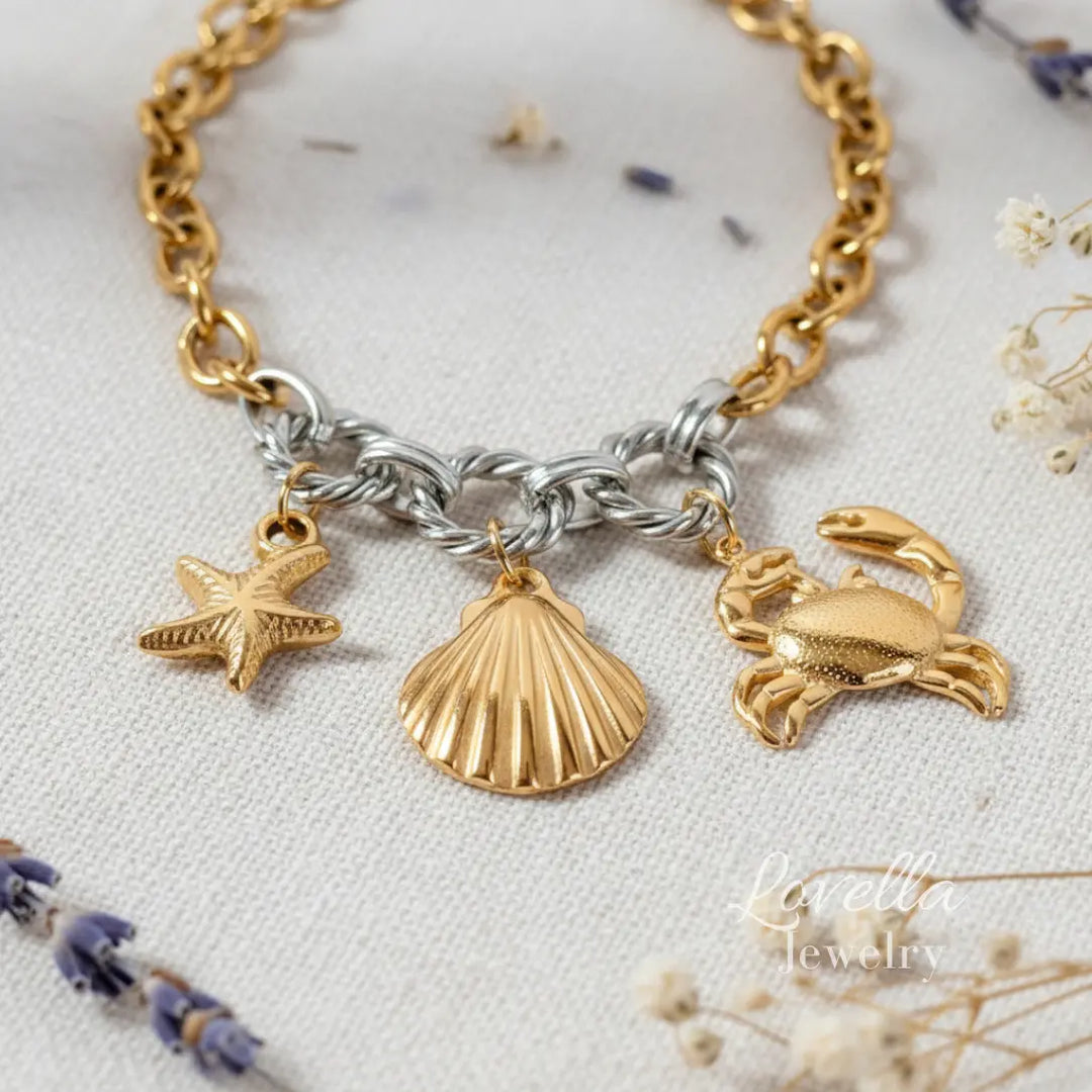 Ocean Charm Two-Tone Chain Bracelet (Starfish, Shell & Crab)