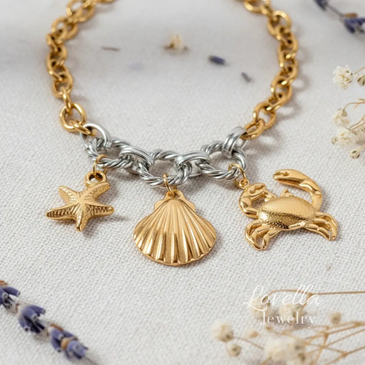 Ocean Charm Two-Tone Chain Bracelet (Starfish, Shell & Crab)