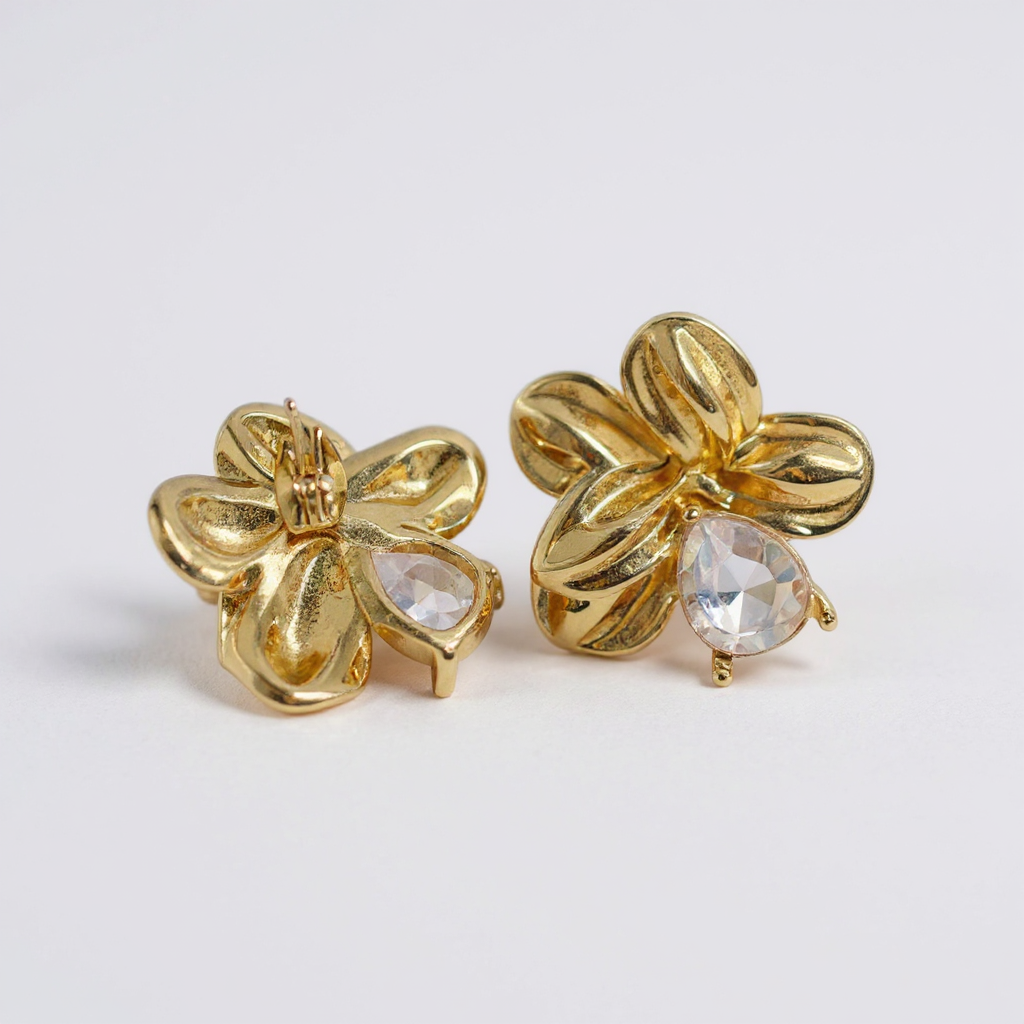 Golden Blossom Earrings with Crystal Teardrop