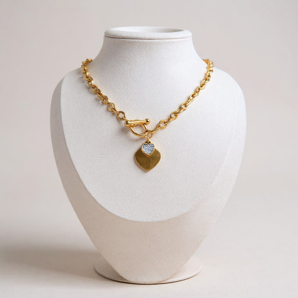 Collar con dije de corazón dorado y detalles de cristal