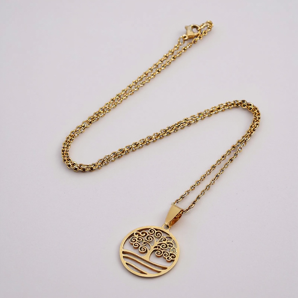Collar del árbol de la vida: colgante de acero inoxidable en tono dorado