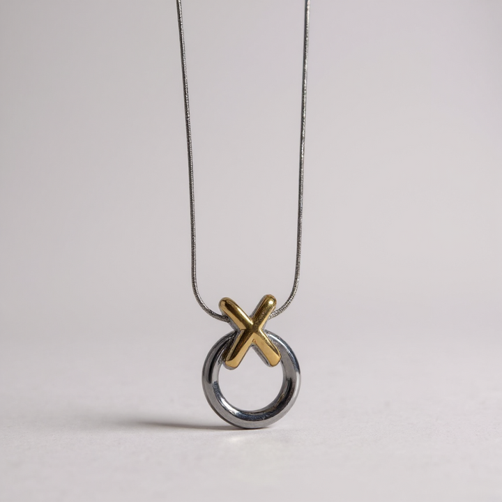 Two-Tone Circle & X Pendant Necklace – Stainless Steel
