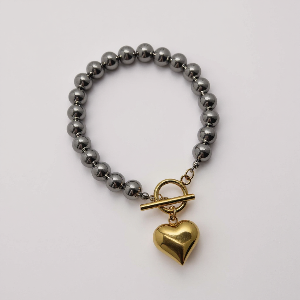 Golden Heart Hematite Bead Bracelet